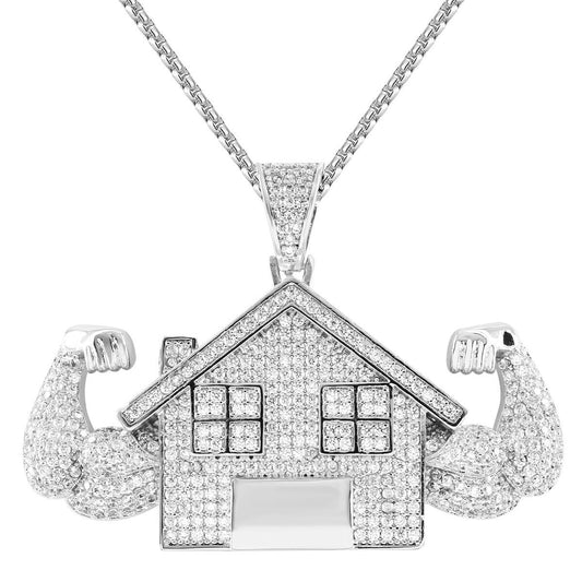 14K White Gold Finish Simulated Diamond Muscle Trap House Flexing Custom Pendant Charm