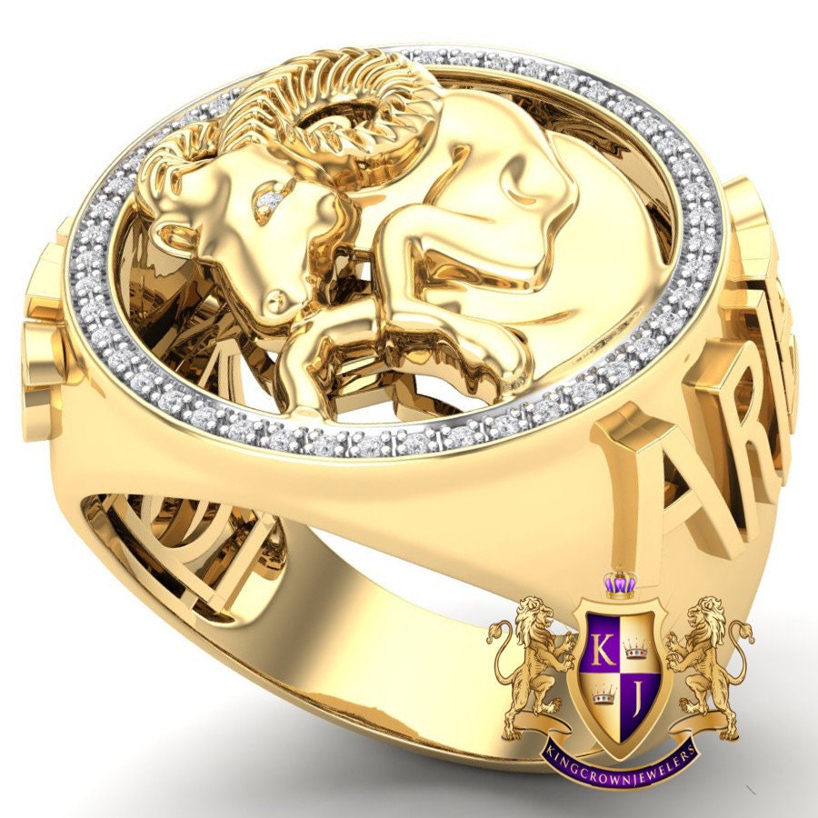 Men's Real Genuine Authentic Diamond Aries Ram Zodiac Lucky Sign Astrology Horoscope 3D Ring Band 10K Gold Finish