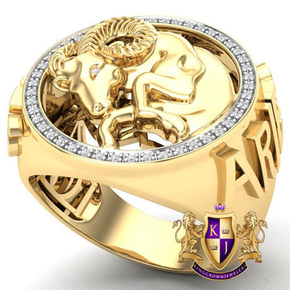 Men's Real Genuine Authentic Diamond Aries Ram Zodiac Lucky Sign Astrology Horoscope 3D Ring Band 10K Gold Finish
