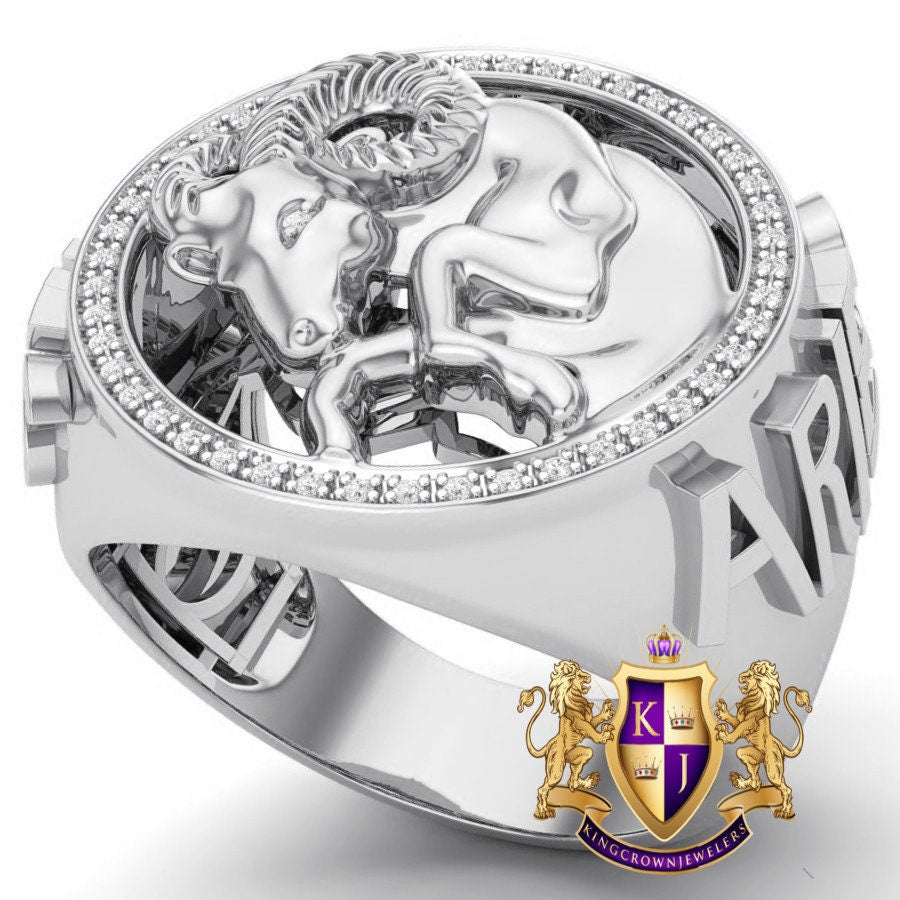 Men's Real Genuine Authentic Diamond Aries Ram Zodiac Lucky Sign Astrology Horoscope 3D Ring Band 10K Gold Finish