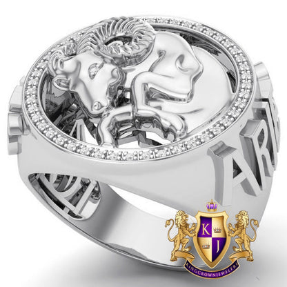 Men's Real Genuine Authentic Diamond Aries Ram Zodiac Lucky Sign Astrology Horoscope 3D Ring Band 10K Gold Finish