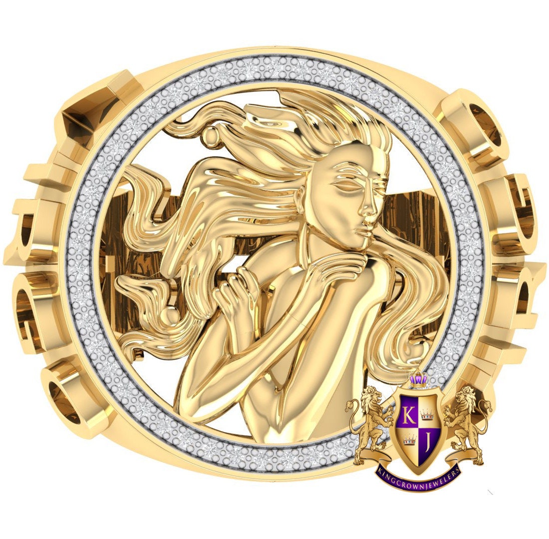 Men's Real Genuine Authentic Diamond Virgo Zodiac Lucky Sign Astrology Horoscope 3D Ring Band 10K Gold Finish