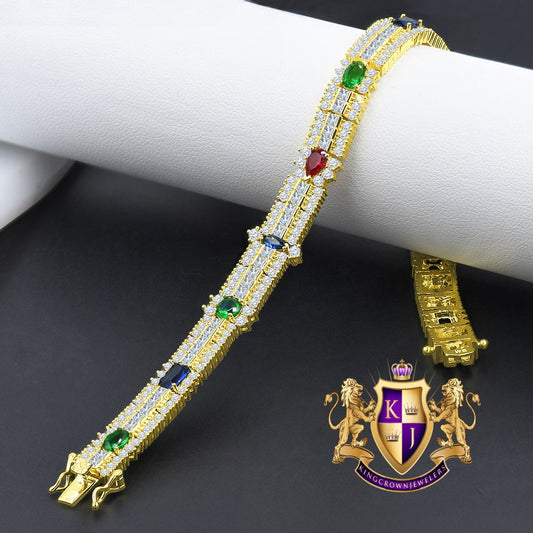 14k Yellow Gold Over Real Sterling Silver 10 Cwt. Rainbow Multi Round /Princess Cut Diamond Unisex Tennis Bracelet