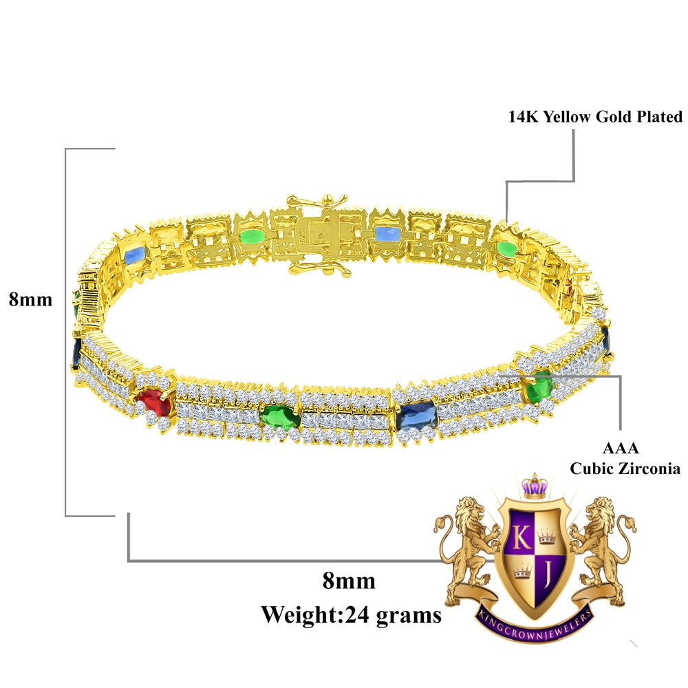 14k Yellow Gold Over Real Sterling Silver 10 Cwt. Rainbow Multi Round /Princess Cut Diamond Unisex Tennis Bracelet