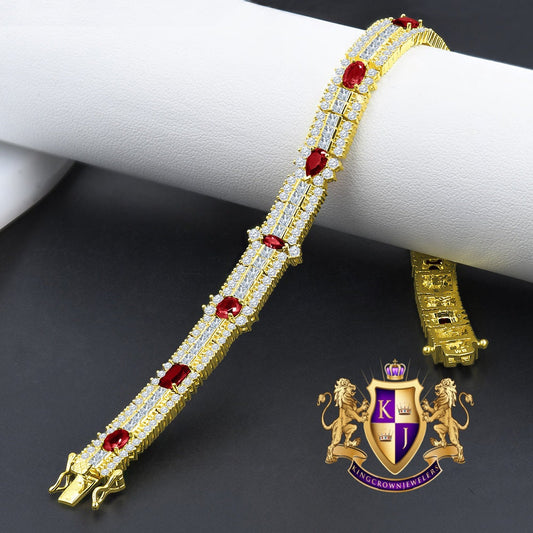 14k Yellow Gold Over Real Sterling Silver 10 Cwt. Ruby Red Round /Princess Cut Diamond Unisex Tennis Link Bracelet