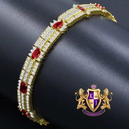 14k Yellow Gold Over Real Sterling Silver 10 Cwt. Ruby Red Round /Princess Cut Diamond Unisex Tennis Link Bracelet