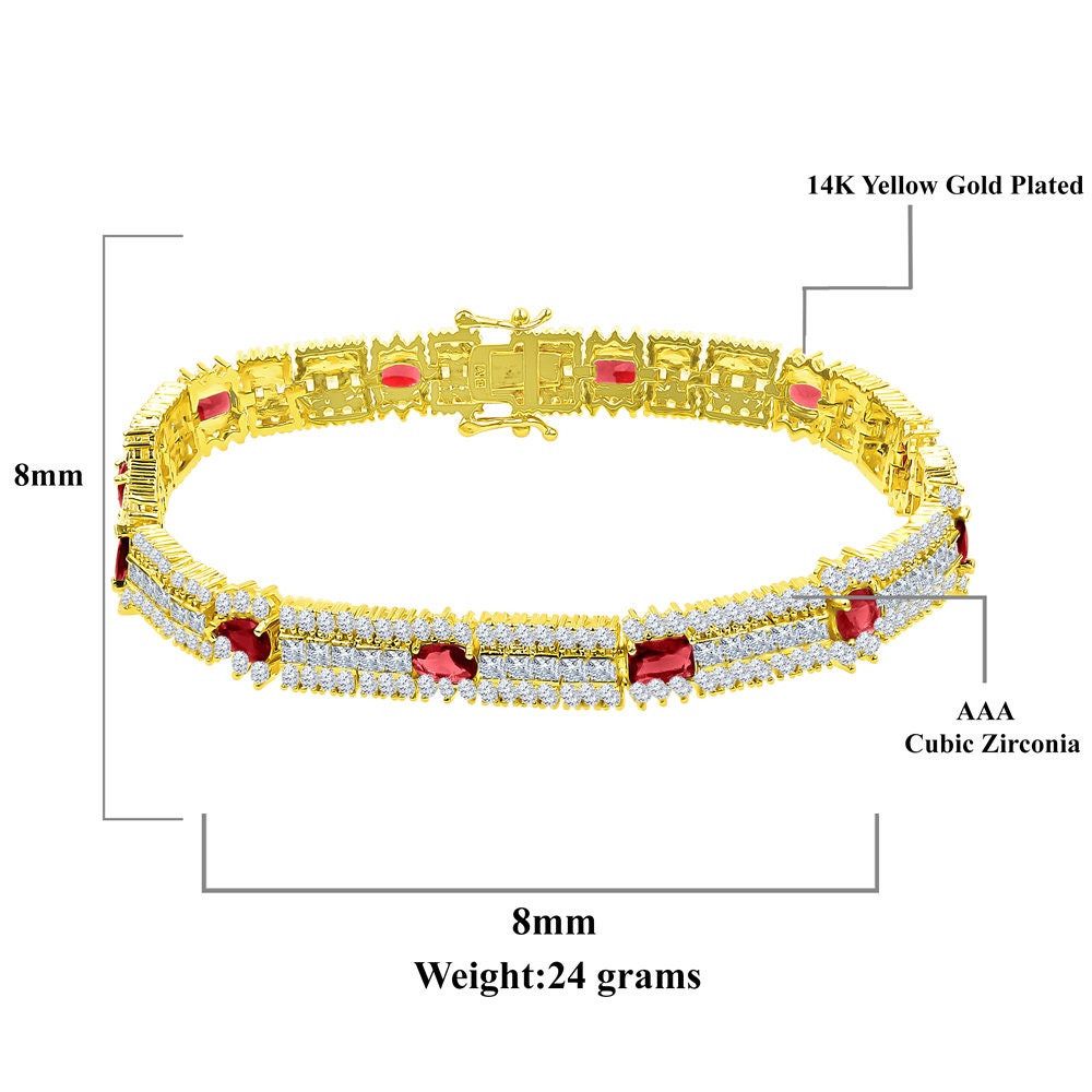 14k Yellow Gold Over Real Sterling Silver 10 Cwt. Ruby Red Round /Princess Cut Diamond Unisex Tennis Link Bracelet