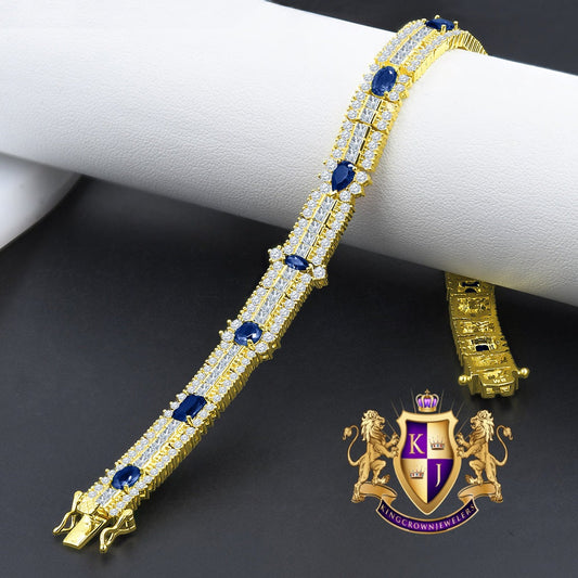 14k Yellow Gold Over Real Sterling Silver 10 Cwt. Sapphire Blue Round /Princess Cut Diamond Unisex Tennis Link Bracelet