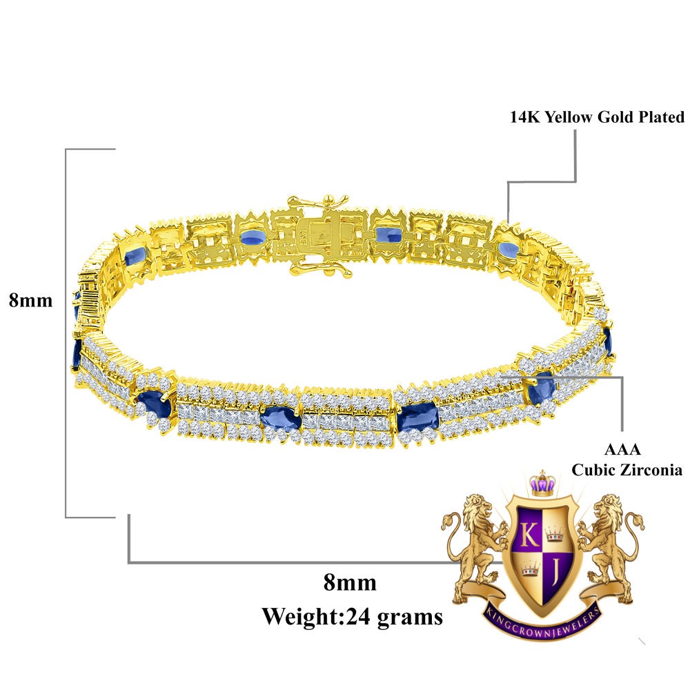 14k Yellow Gold Over Real Sterling Silver 10 Cwt. Sapphire Blue Round /Princess Cut Diamond Unisex Tennis Link Bracelet
