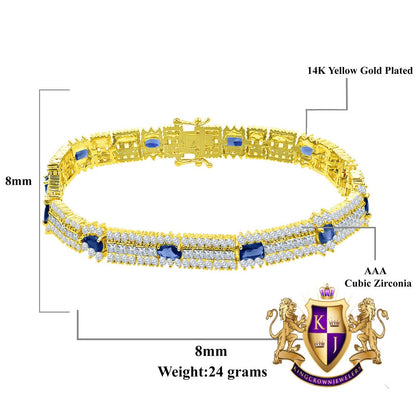 14k Yellow Gold Over Real Sterling Silver 10 Cwt. Sapphire Blue Round /Princess Cut Diamond Unisex Tennis Link Bracelet