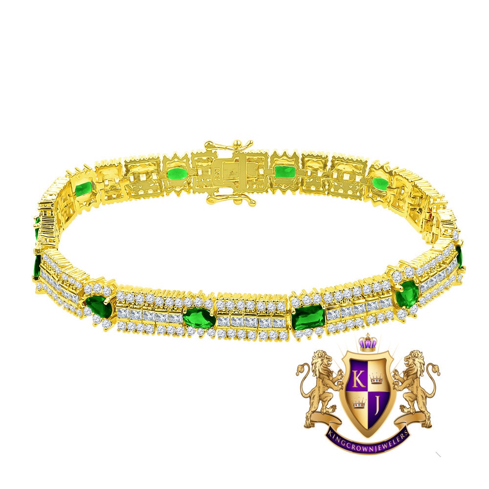 14k Yellow Gold Over Real Sterling Silver 10 Cwt. Emerald Green Round /Princess Cut Diamond Unisex Tennis Link Bracelet