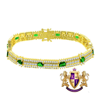 14k Yellow Gold Over Real Sterling Silver 10 Cwt. Emerald Green Round /Princess Cut Diamond Unisex Tennis Link Bracelet