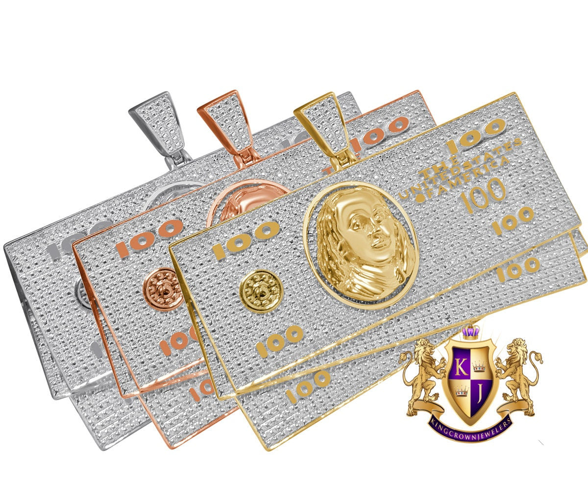 Men's Real Genuine Authentic Diamonds 10K Gold Finish 100 Dollar Cash Money Stack's Custom Pendant Charm