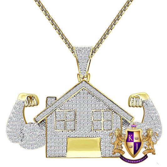 14K Yellow Gold Finish Simulated Diamond Muscle Trap House Flexing Custom Pendant Charm