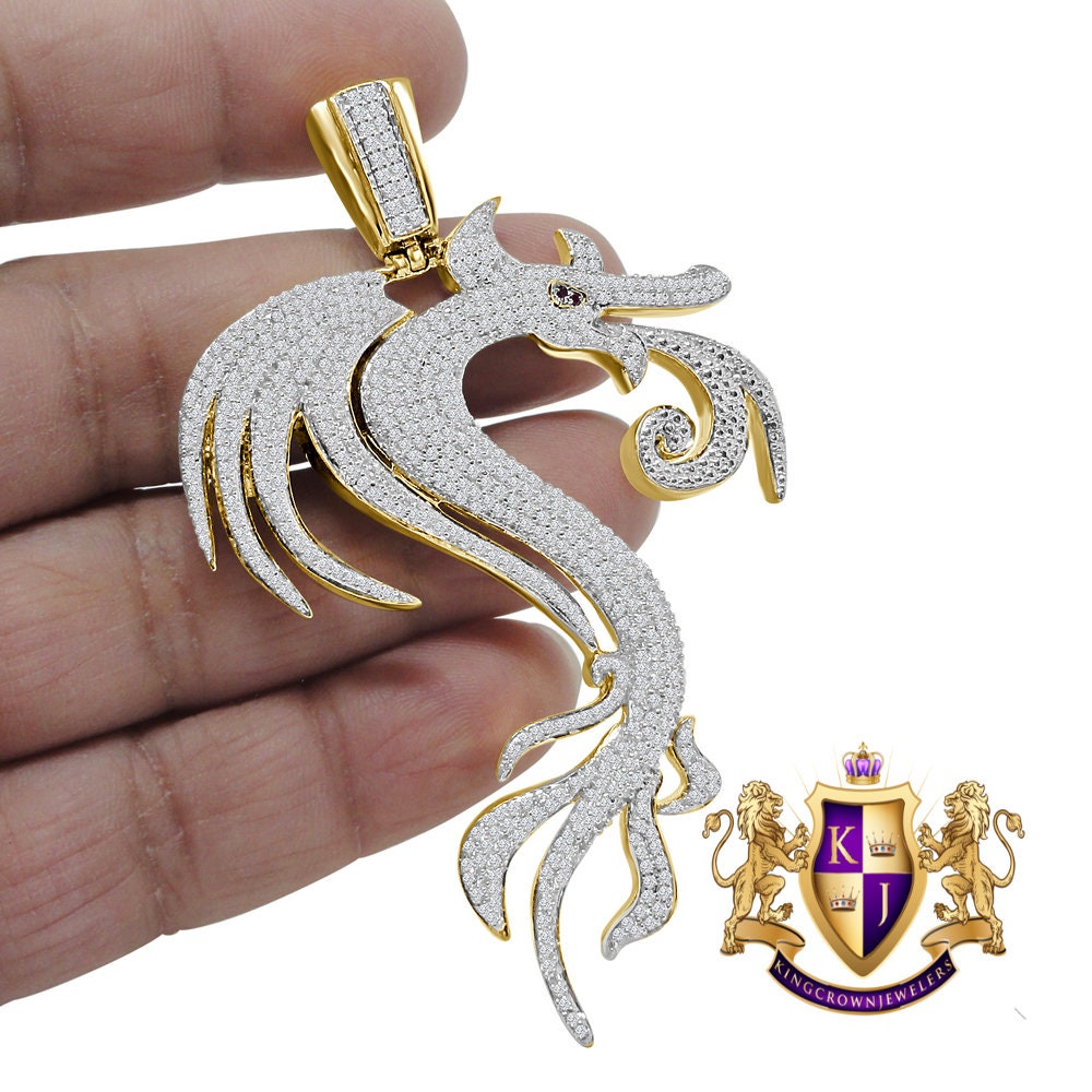 24+ Grams Real Genuine Sterling Silver Big XL 3.30'' 14K Gold Finish 2.00 Cwt. Simulated Diamond Lucky Dragon Men's Pendant Good Luck Charm