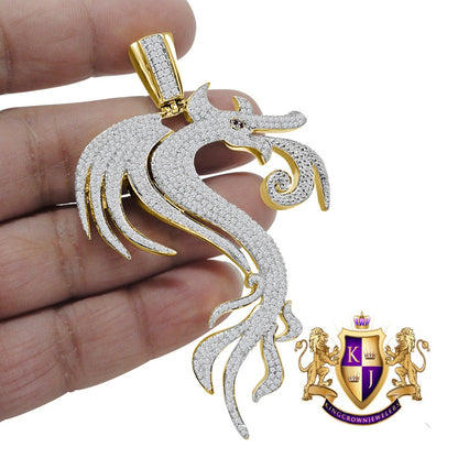 24+ Grams Real Genuine Sterling Silver Big XL 3.30'' 14K Gold Finish 2.00 Cwt. Simulated Diamond Lucky Dragon Men's Pendant Good Luck Charm