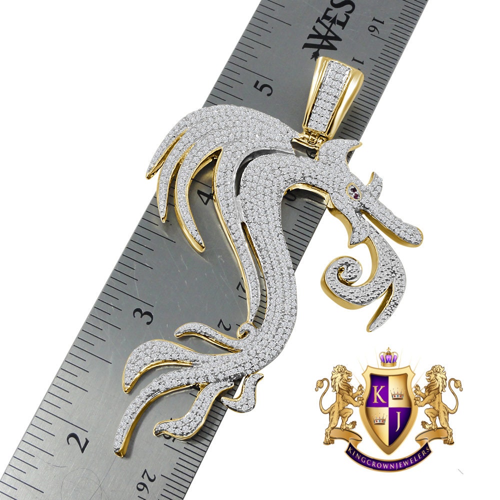 24+ Grams Real Genuine Sterling Silver Big XL 3.30'' 14K Gold Finish 2.00 Cwt. Simulated Diamond Lucky Dragon Men's Pendant Good Luck Charm