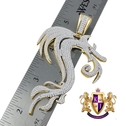 24+ Grams Real Genuine Sterling Silver Big XL 3.30'' 14K Gold Finish 2.00 Cwt. Simulated Diamond Lucky Dragon Men's Pendant Good Luck Charm