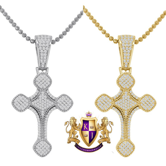 Real Silver Religious Charm Pendent  Gold Finish Simulated Diamond Jesus Cross Chain Set