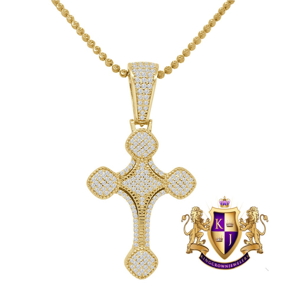 Real Silver Religious Charm Pendent  Gold Finish Simulated Diamond Jesus Cross Chain Set