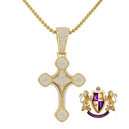 Real Silver Religious Charm Pendent  Gold Finish Simulated Diamond Jesus Cross Chain Set
