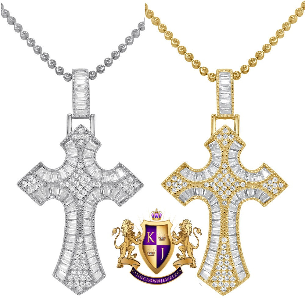 Baguette Real Silver Religious Charm Pendent  Gold Finish Simulated Diamond Jesus Cross Chain Set