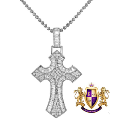 Baguette Real Silver Religious Charm Pendent  Gold Finish Simulated Diamond Jesus Cross Chain Set