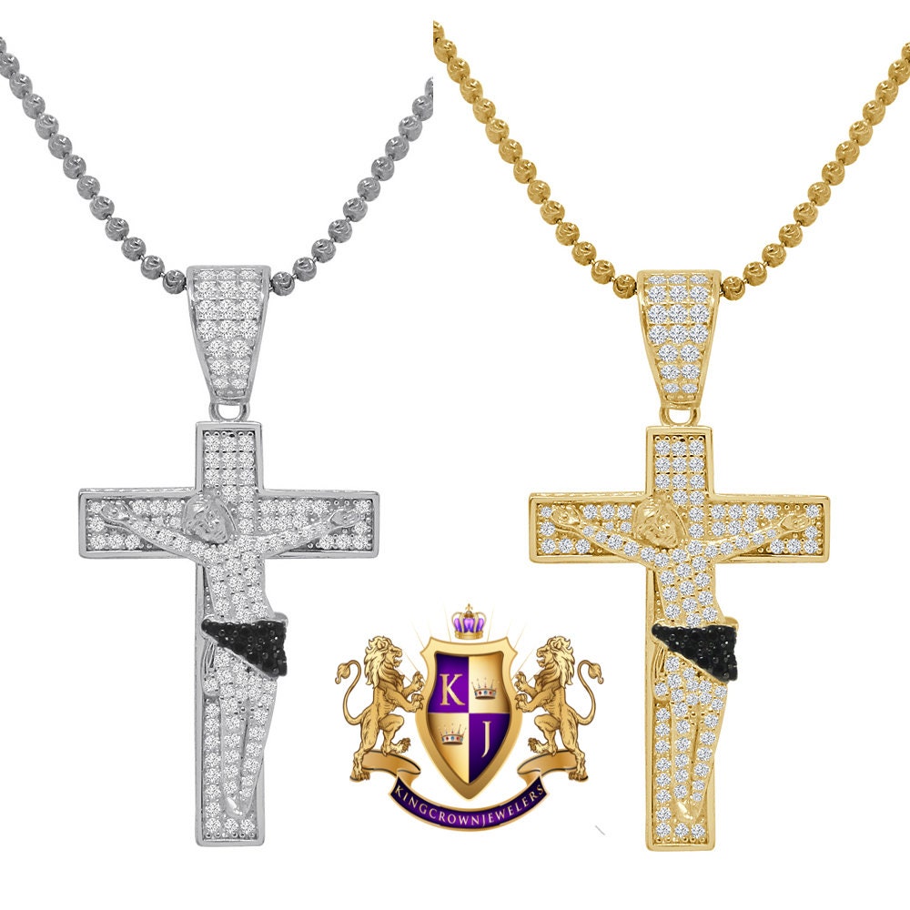 Baguette Real Silver Religious Charm Pendent  Gold Finish Simulated Diamond Jesus Crucifix Cross Chain Set