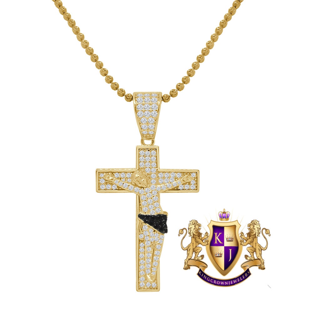 Baguette Real Silver Religious Charm Pendent  Gold Finish Simulated Diamond Jesus Crucifix Cross Chain Set