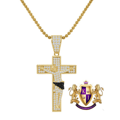 Baguette Real Silver Religious Charm Pendent  Gold Finish Simulated Diamond Jesus Crucifix Cross Chain Set