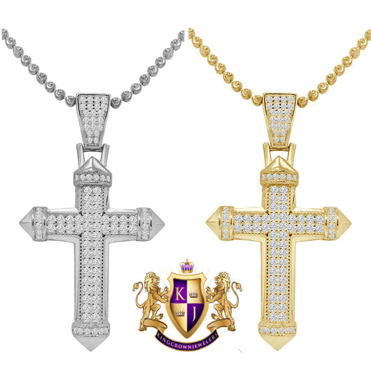 Unisex Real Silver Religious Mini Charm Pendent  Gold Finish Simulated Diamond Jesus Cross Chain Set