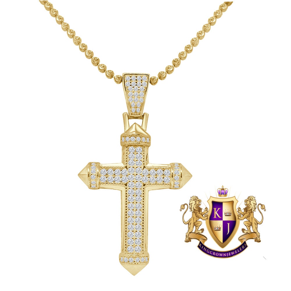 Unisex Real Silver Religious Mini Charm Pendent  Gold Finish Simulated Diamond Jesus Cross Chain Set