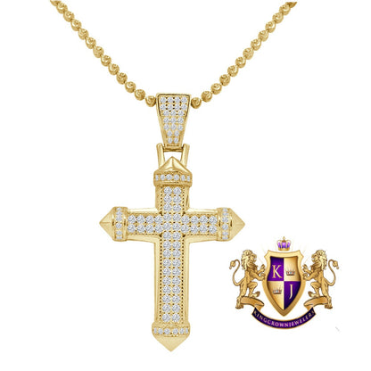 Unisex Real Silver Religious Mini Charm Pendent  Gold Finish Simulated Diamond Jesus Cross Chain Set
