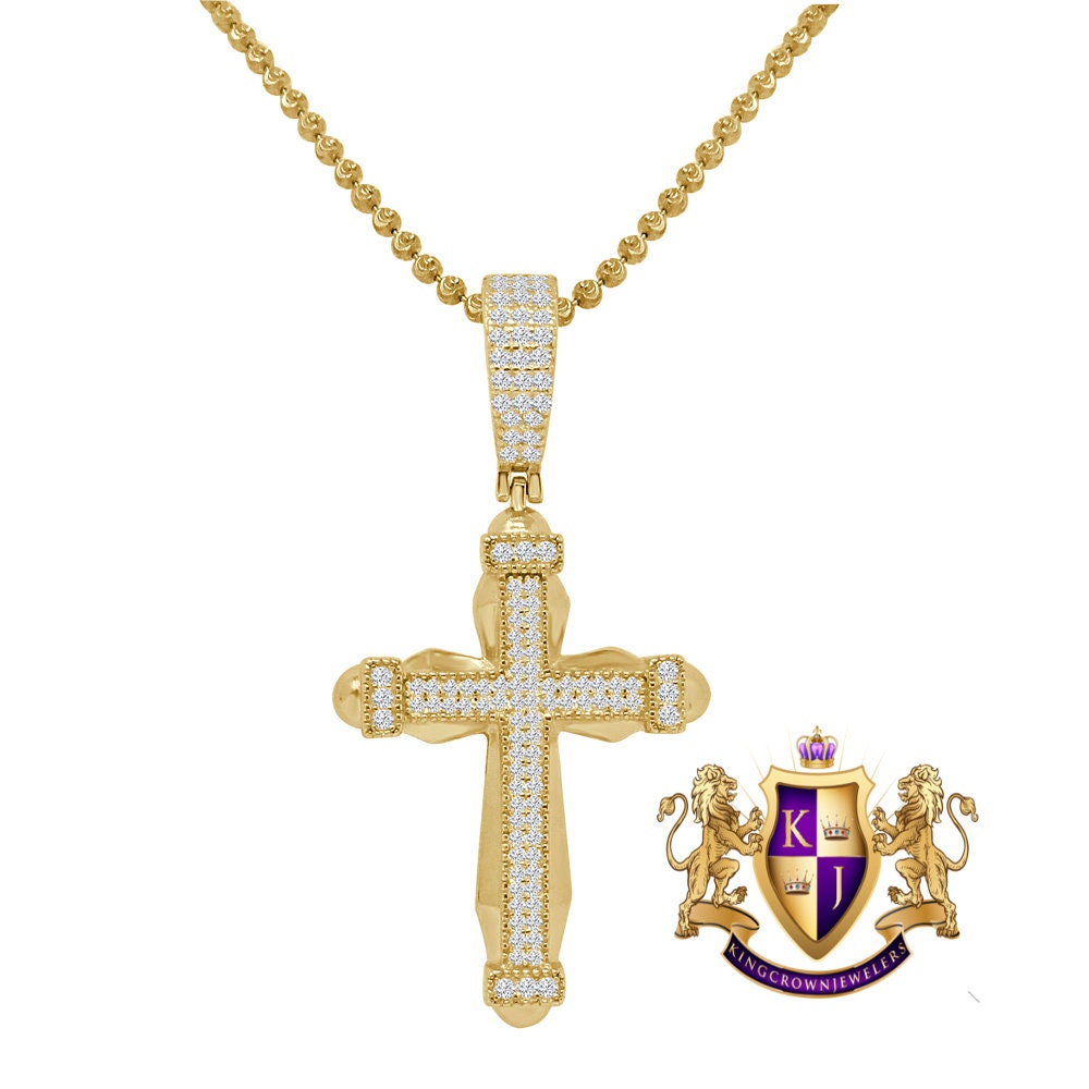 Real Genuine Sterling Silver Religious Mini Charm Pendent  Gold Finish Simulated Diamond Jesus Cross Chain Set