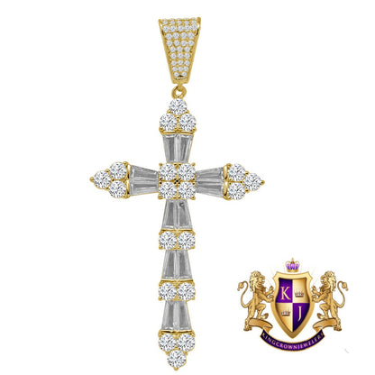 Baguette Real Genuine Sterling Silver 14K Gold Finish Simulated Diamonds Holy Jesus Cross Pendent Charm 2.75''