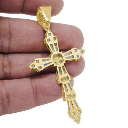 Baguette Real Genuine Sterling Silver 14K Gold Finish Simulated Diamonds Holy Jesus Cross Pendent Charm 2.75''