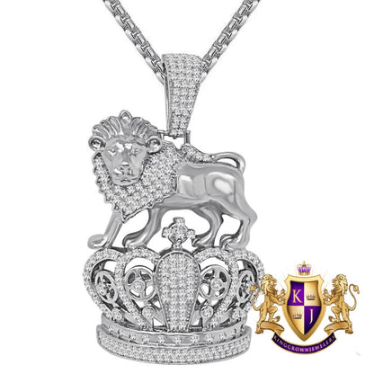 14K Gold Finish Lion King Crown Head Charm Simulated Diamond Pendent Chain Set
