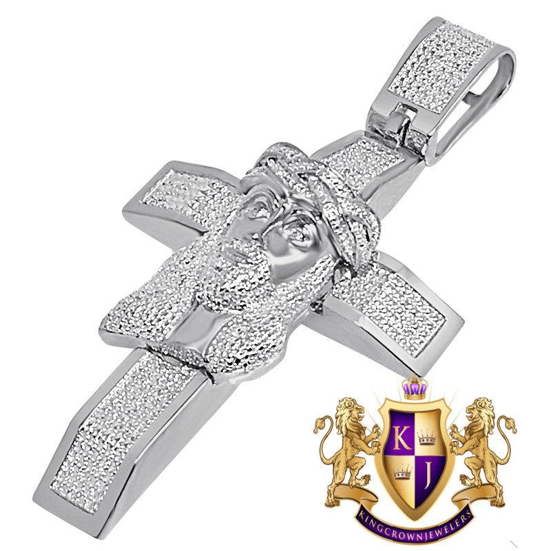Real Genuine Authentic Diamond 32+ Grams Jesus Christ Face Cross 10K Solid White Gold Finish Custom Piece Charm Pendant Men's XL Big 3.5"