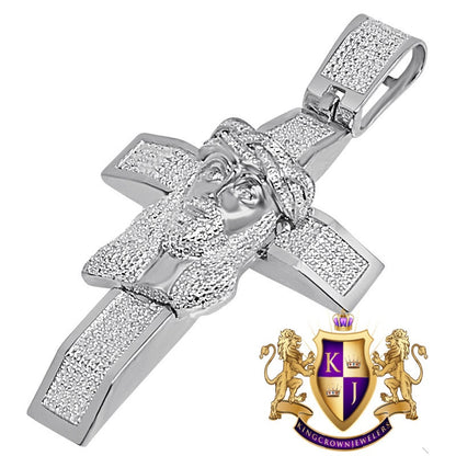 Real Genuine Authentic Diamond 32+ Grams Jesus Christ Face Cross 10K Solid White Gold Finish Custom Piece Charm Pendant Men's XL Big 3.5"