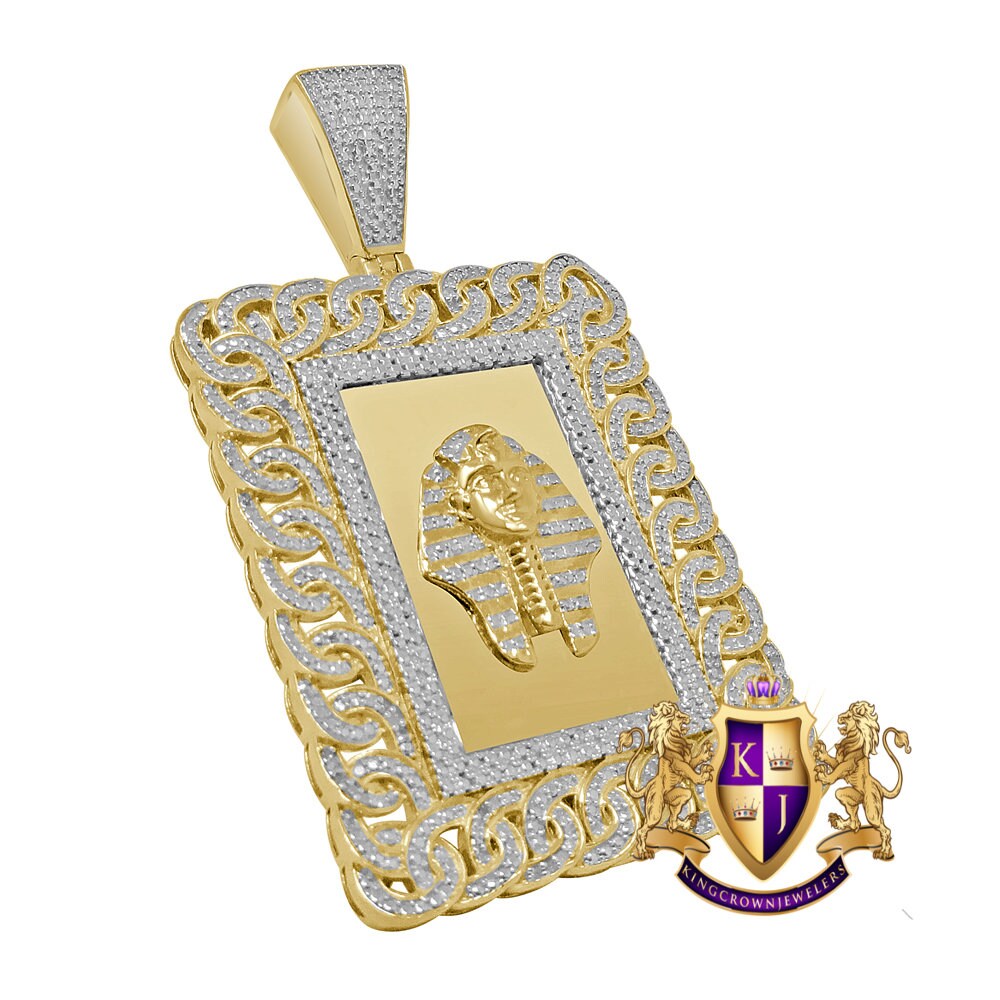 Real Genuine Diamond Egyptian King Tut  Pharaoh Pyramid Pendent Charm 10K Gold Finish 2.50''