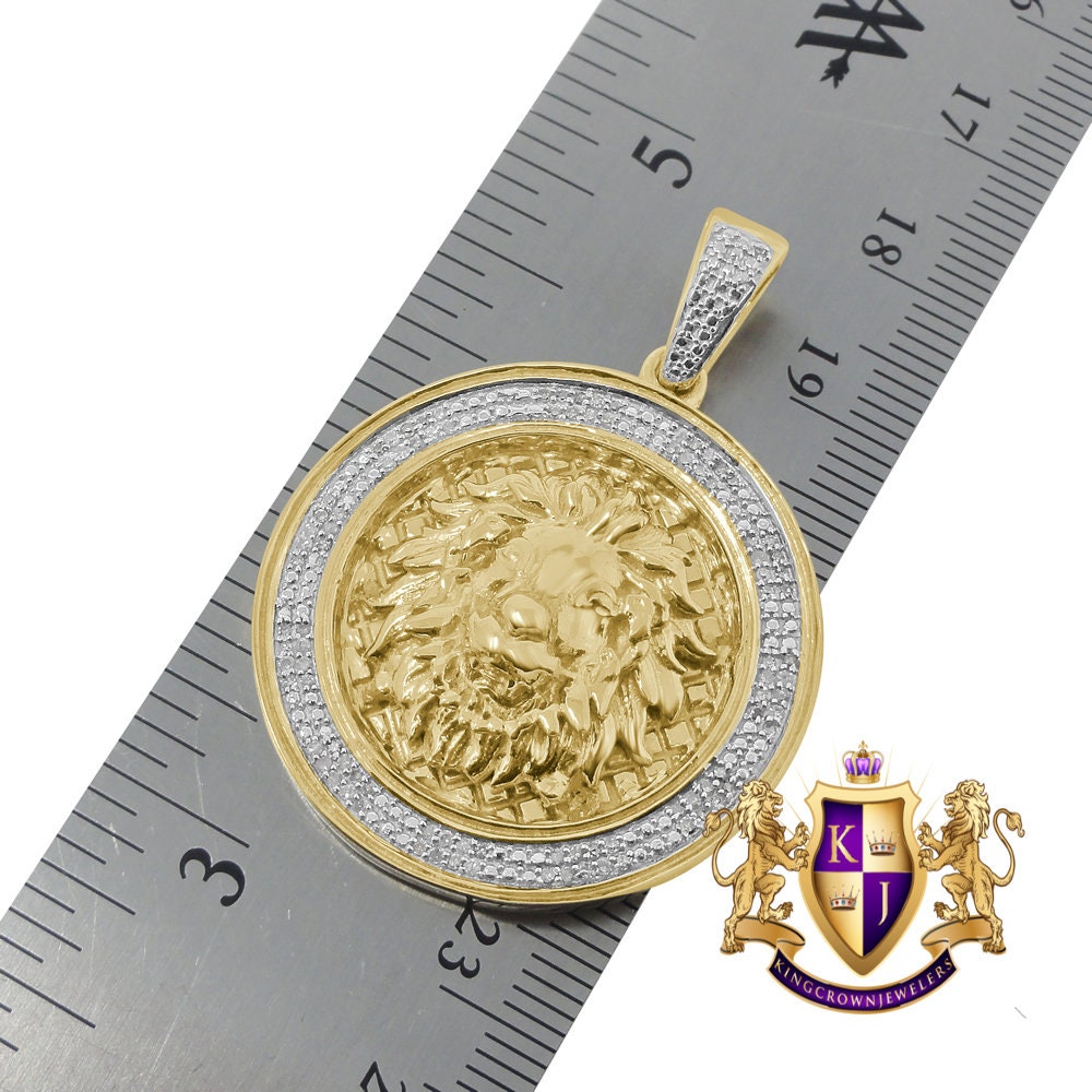 Men's Real Genuine Authentic Diamond 0.40 Cwt. 14+ Grams Lion King Head Face Pendant 10K Solid Gold Over Round Charm Medallion 1.75''