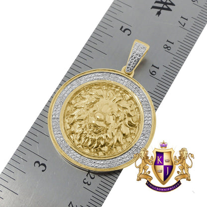 Men's Real Genuine Authentic Diamond 0.40 Cwt. 14+ Grams Lion King Head Face Pendant 10K Solid Gold Over Round Charm Medallion 1.75''