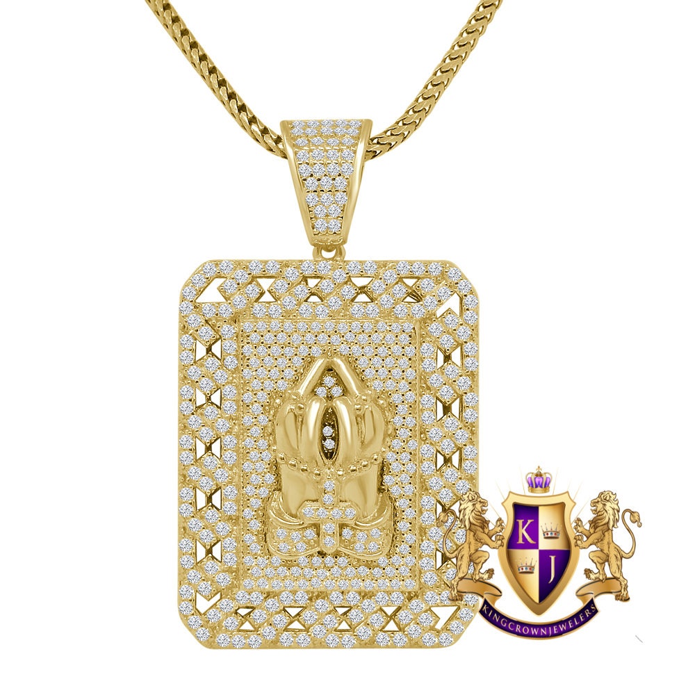 20 + Grams Real Genuine Sterling Silver Simulated Diamond 14K Gold Over Praying Hands Cross Frame Charm Religious Dog Tag Pendent Chain Set