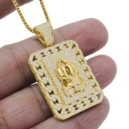 20 + Grams Real Genuine Sterling Silver Simulated Diamond 14K Gold Over Praying Hands Cross Frame Charm Religious Dog Tag Pendent Chain Set