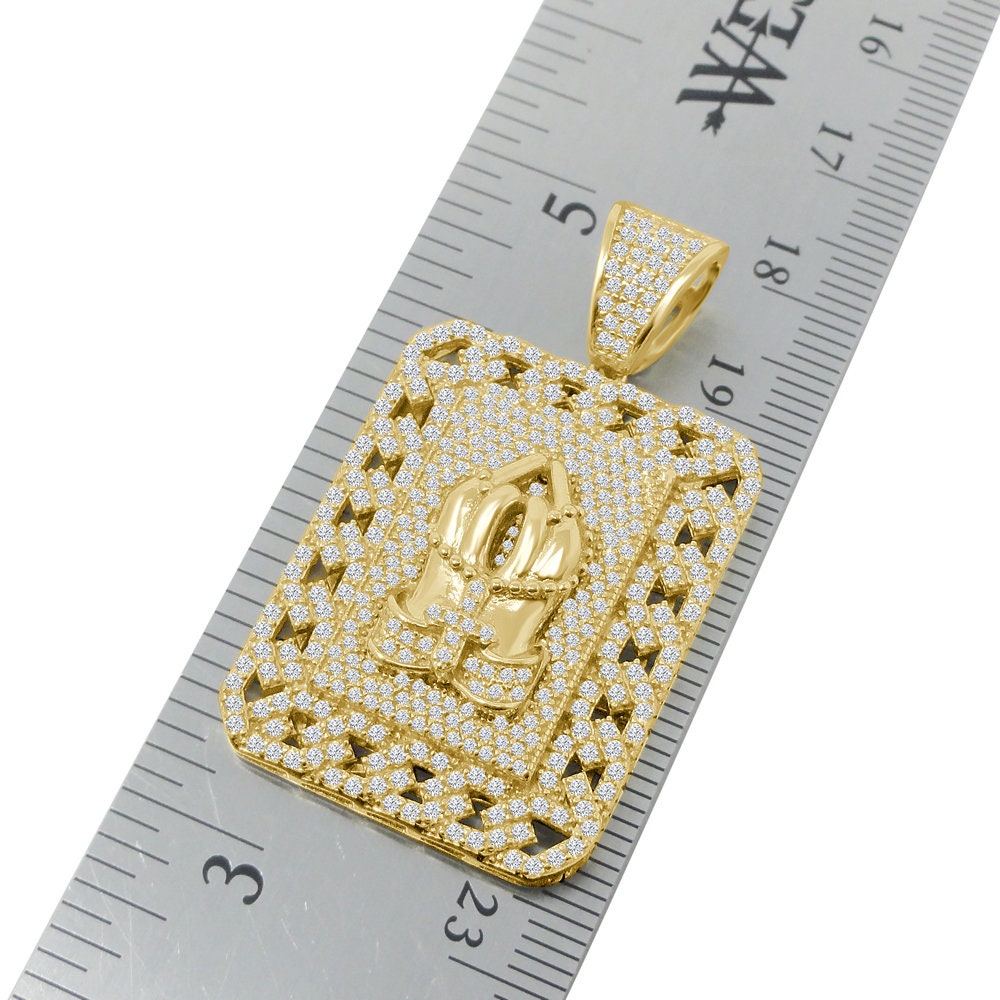 20 + Grams Real Genuine Sterling Silver Simulated Diamond 14K Gold Over Praying Hands Cross Frame Charm Religious Dog Tag Pendent Chain Set