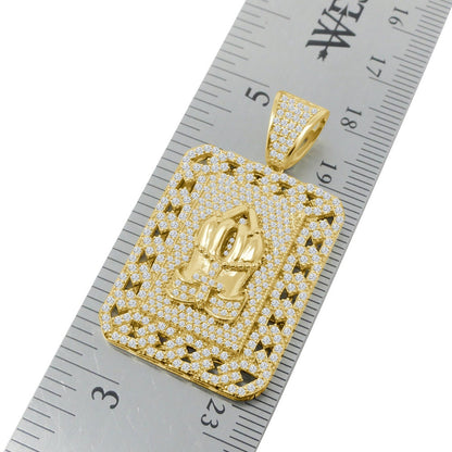 20 + Grams Real Genuine Sterling Silver Simulated Diamond 14K Gold Over Praying Hands Cross Frame Charm Religious Dog Tag Pendent Chain Set