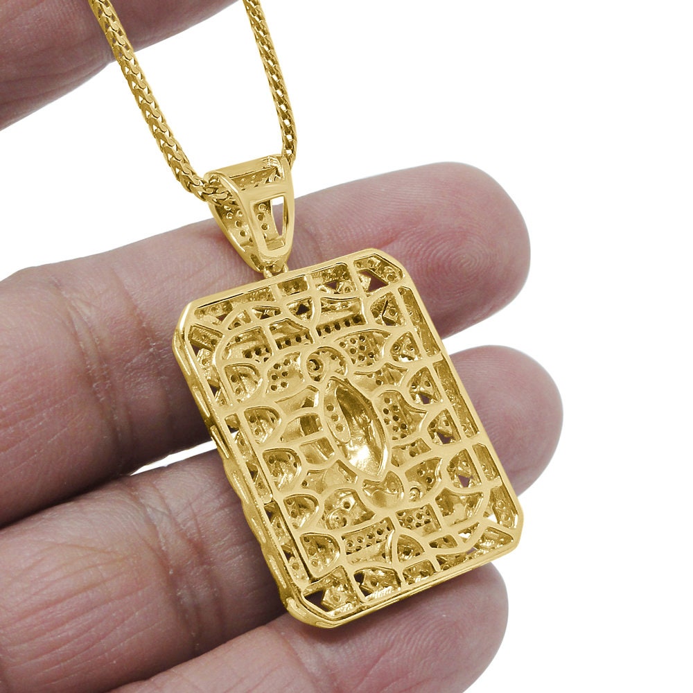 20 + Grams Real Genuine Sterling Silver Simulated Diamond 14K Gold Over Praying Hands Cross Frame Charm Religious Dog Tag Pendent Chain Set