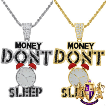 Men's 14K Gold Finish Simulated Diamond Money Don’t Sleep Custom Charm Pendant+ Rope Chain