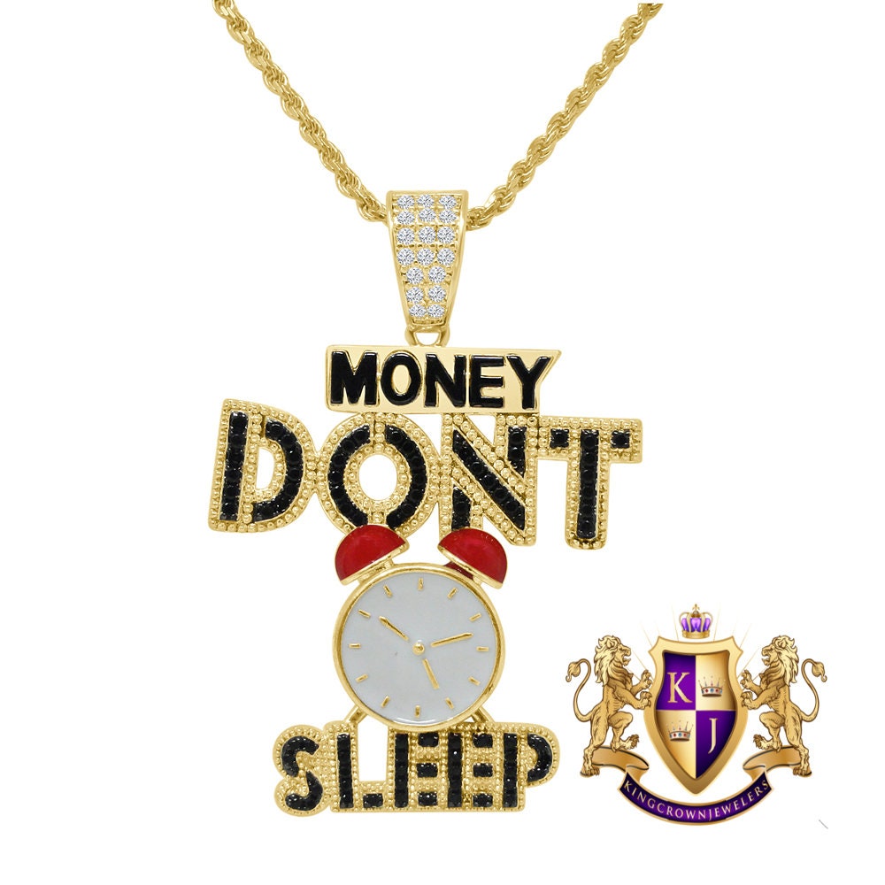 Men's 14K Gold Finish Simulated Diamond Money Don’t Sleep Custom Charm Pendant+ Rope Chain