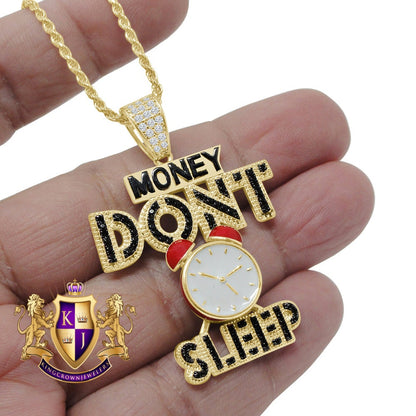 Men's 14K Gold Finish Simulated Diamond Money Don’t Sleep Custom Charm Pendant+ Rope Chain